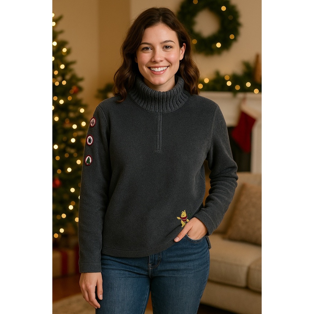 Disney‎ Store Winnie the Pooh Fleece 1/4 Zip Pullover Gray Embroidered Size M